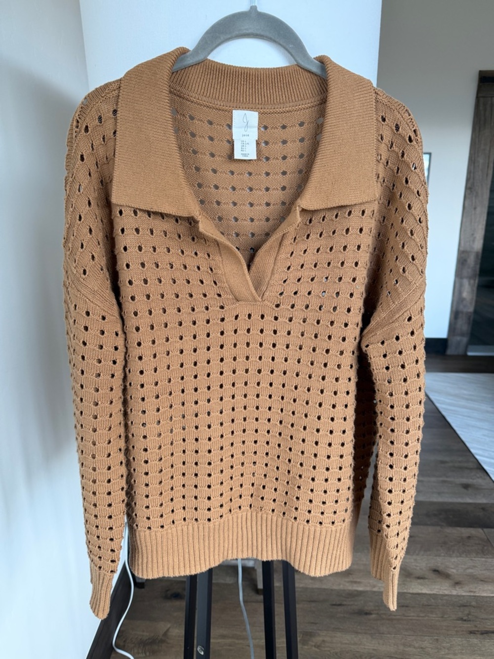 Joie cotton blend open knit collared v-neck sweater brown size large